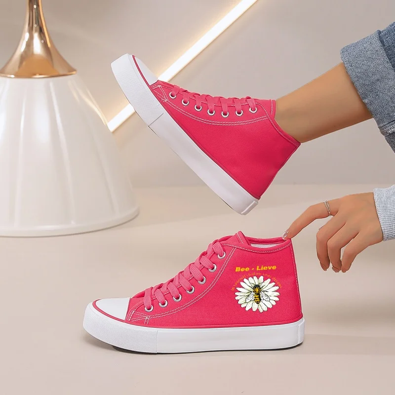 

Women's Rose Red Canvas High-Top Sneakers with Daisy Print: Lace-Up Casual Shoes for Daily Wear, Pair with Jeans & Skirts.