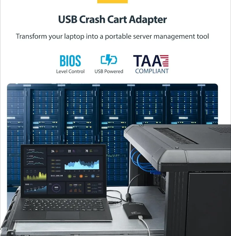 محول عربة تحطم الكمبيوتر المحمول المحمول لإدارة الخادم، وحدة تحكم USB/VGA KVM، Windows/Linux/MacOS - TAA