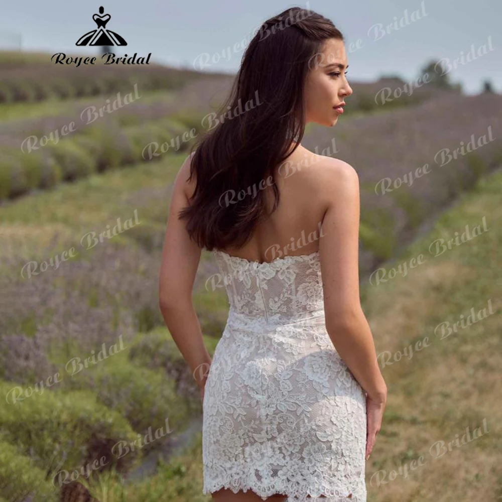 Strapless Lace 2-in-1 Wedding Dress Sweetheart Neckline Removable Overskirt Bridal Mini Dress with Chapel Train Customized