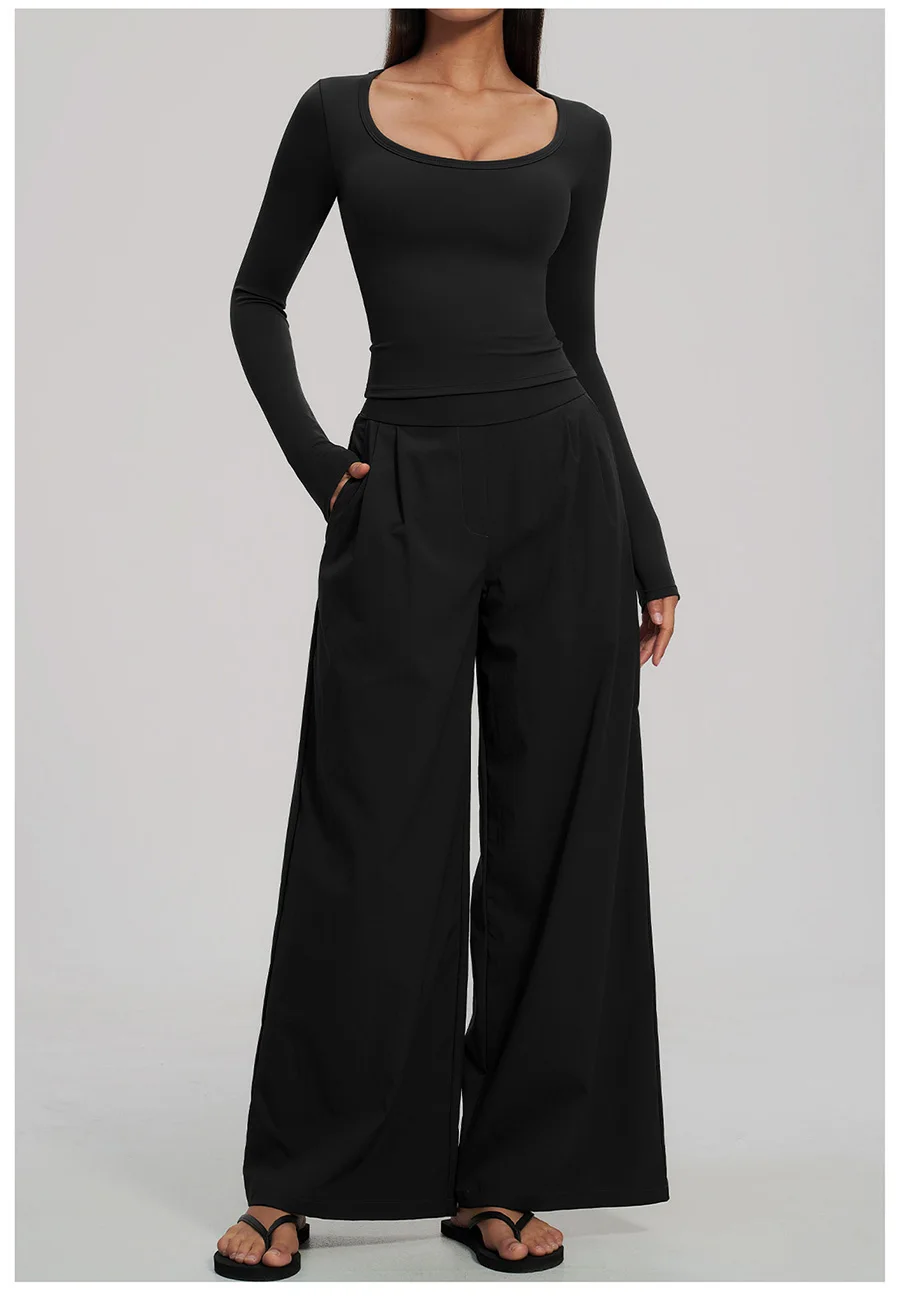 2-teiliges Yoga-Set für Damen, Langarm-Fitness-Oberteil, Trainingsanzug, Sportbekleidung, High-Waist-Hose mit geradem Bein, Fitness-Sportanzug – Detail 24