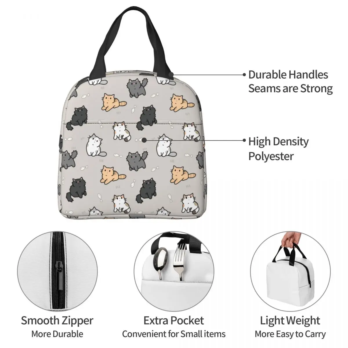 Kittens And Fish Insulated Lunch Bag Cooler Bag Reusable Cute Cat Large Lunch Box Tote Girl Boy Work Picnic