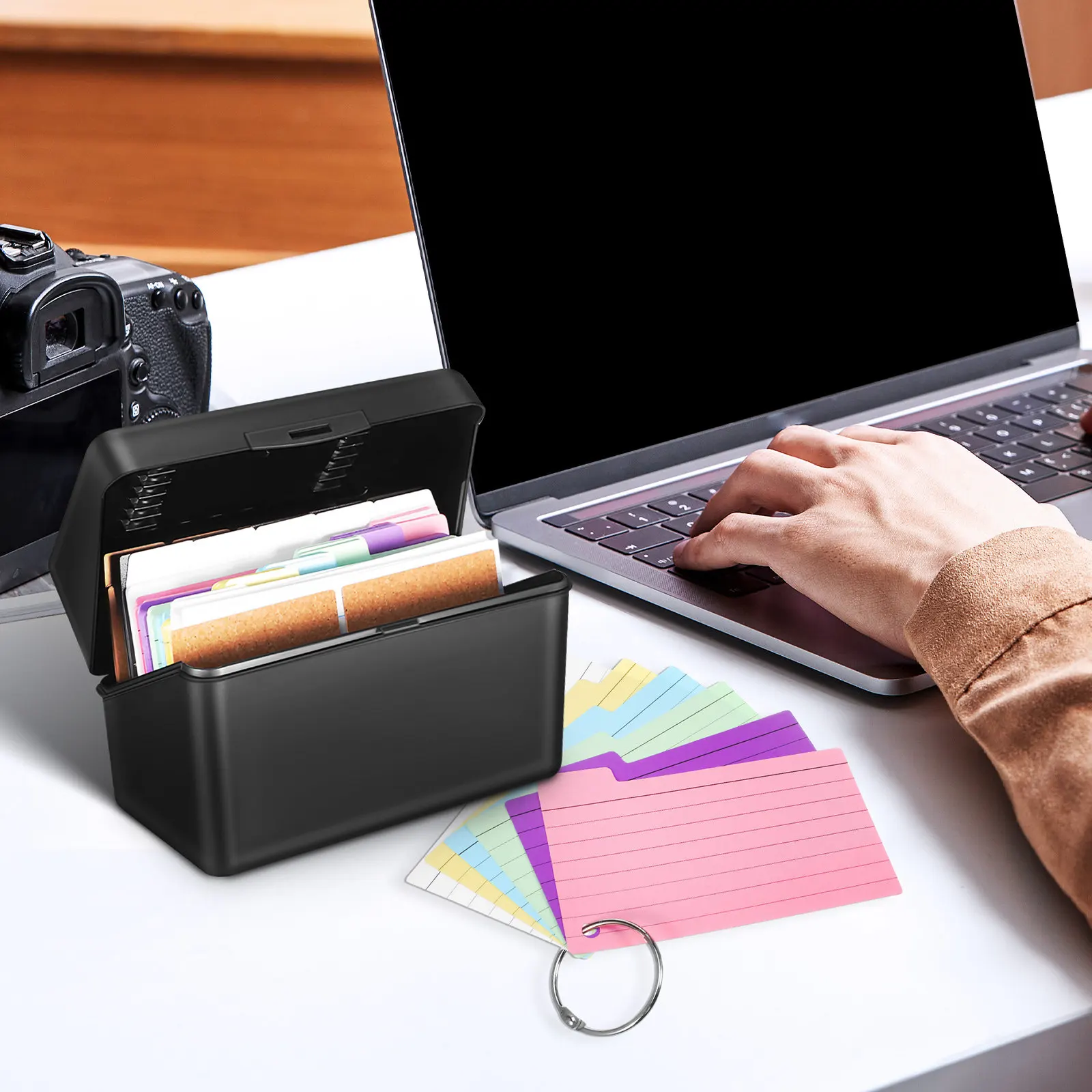 1Set Desktop Card Holder Box Multi-Color Index Cards Storage Organizer with Dividers Rings Compact for Office Study Note