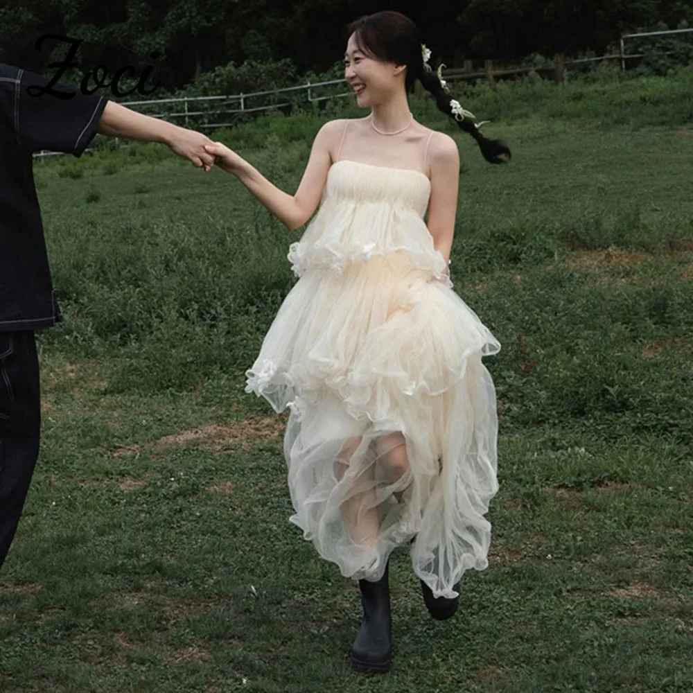 Zoci cintas de espaguete vestidos de noite em camadas plissado coreia vestidos de recepção de casamento sessão de fotos feito sob encomenda a linha vestido de noiva