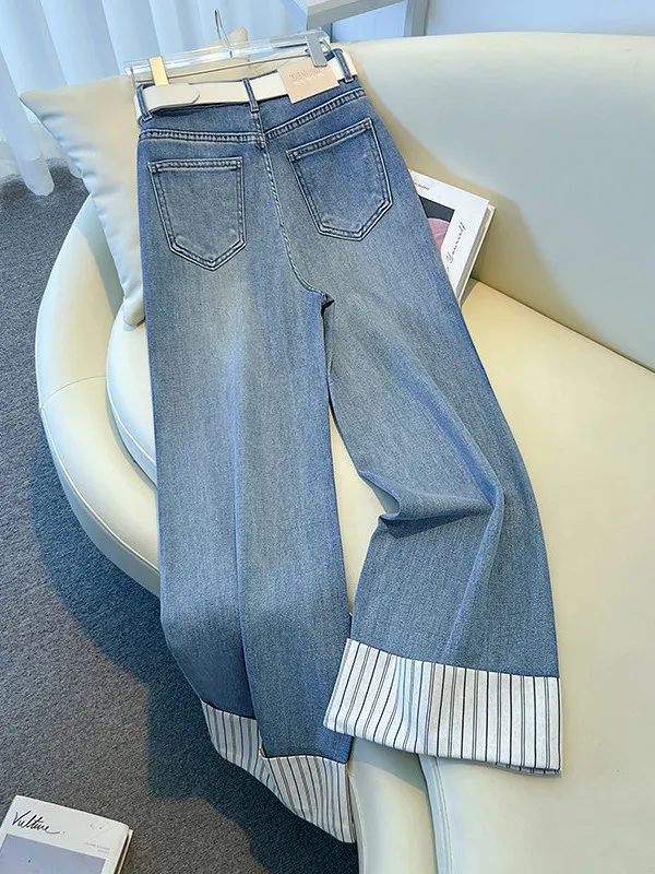 High Waist Wide Leg Denim Jeans Women's Spring 2026 New Style Summer Trendy Striped Drapey Straight Cut Pants Cuffed 