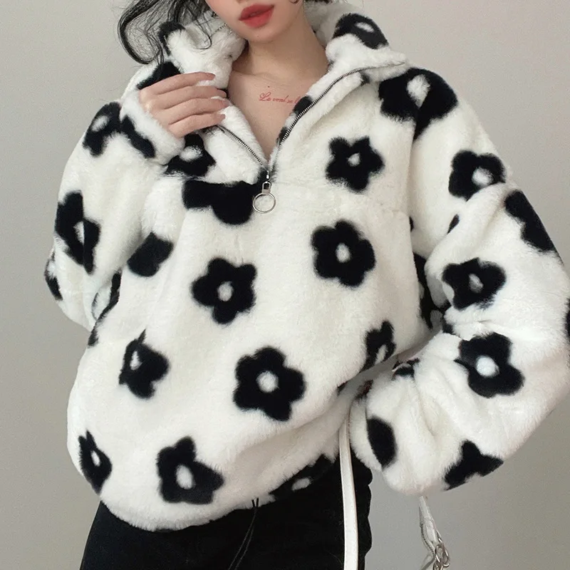 

Winter New Women's Sweater Coat Fashion Contrast Color Flower Plush Long-sleeved Pullover Sweater Casual Half Zipper Loose Lapel