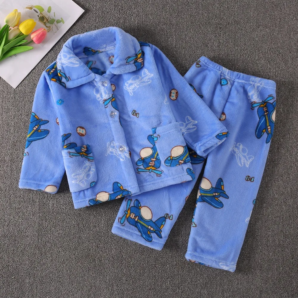 

New Kids Boys Girls Autumn Winter Flannel Warm Pajamas Cartoon Long Sleeve Lapel Tops with Pants Baby Sleeping Clothing Sets