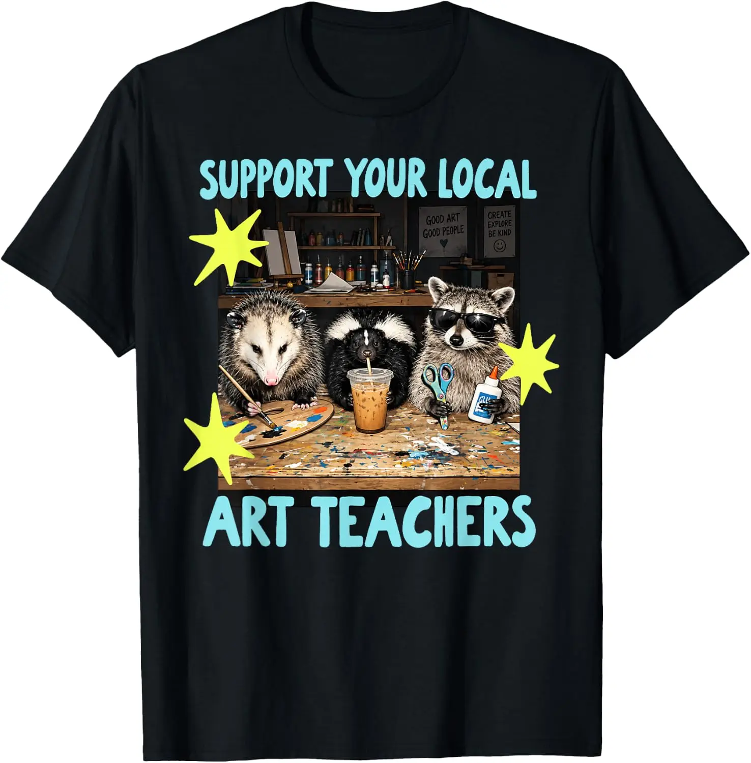 Support Your Local Art Teachers Funny Raccoon Possum Skunk T-Shirt Breathable, heavyweight pure cotton short-sleeve top—stylish, plus-size, and suitable for year-round wear with a sporty, casual vibe