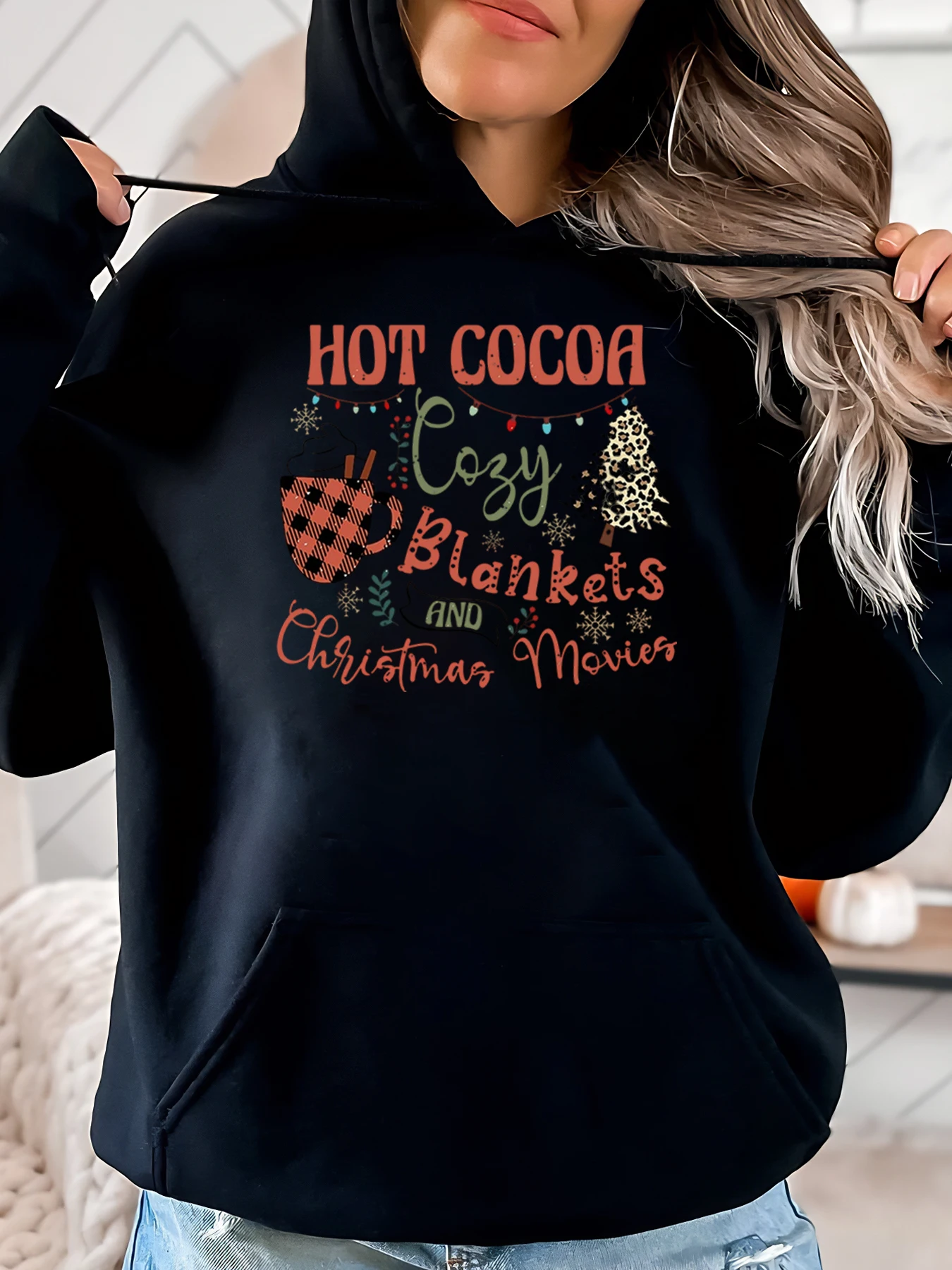 Hot Cocoa Cozy Blankets and Christmas Movies Print Hoodie Winter Holiday Sweatshirt Women Casual Wear Black Plus-Size