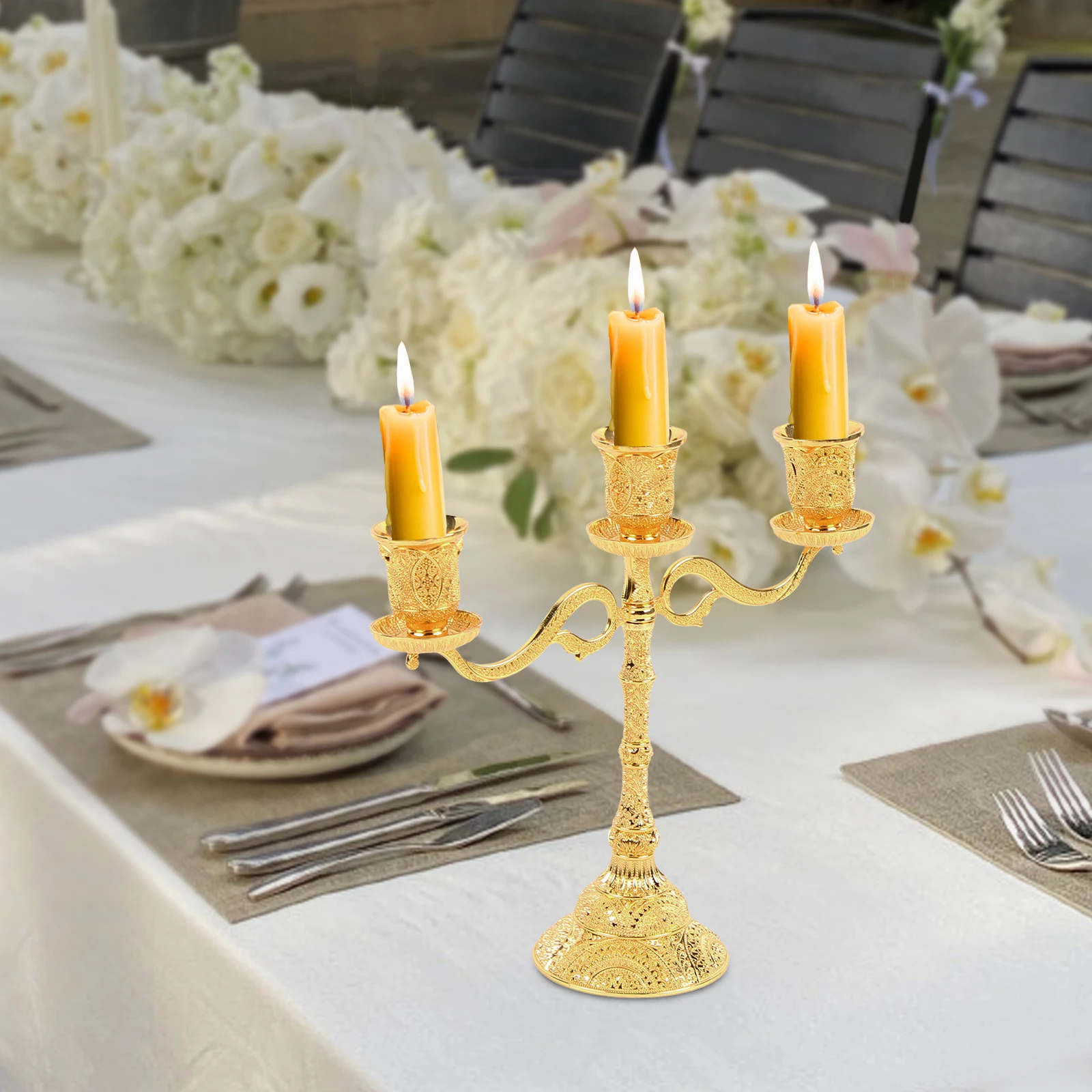 

3-Arm Gold Candlestick European Candle Holder Parlor Kitchen Candelabra Dining , Candle Holders Wedding Decor Centerpiece