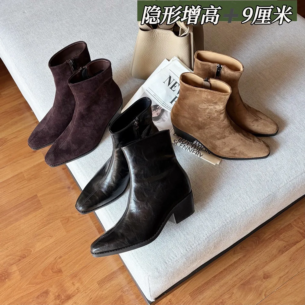 

Женские ботинки 2026: новые ретро-ботинки из замши с квадратным носком и толстым каблуком, короткие кожаные женские сапоги