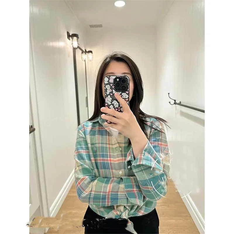 Horse Embroidery Fashion Shirt Full Sleeves Green Plaid Vintage Buttons Blouse Oversize Tops  Green Cotton Coat Clothing