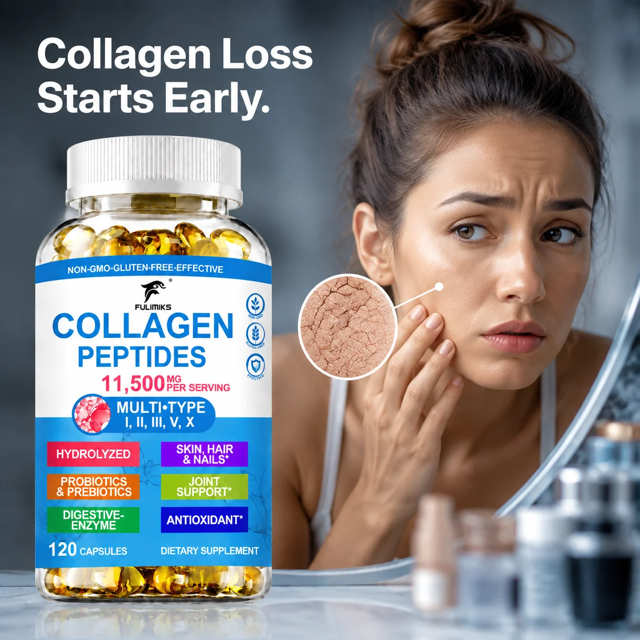 Multi Collagen Peptide Capsules, Strong Hair &Nails, Joint Comfort, Antioxidant Anti‑Aging, Support Immune