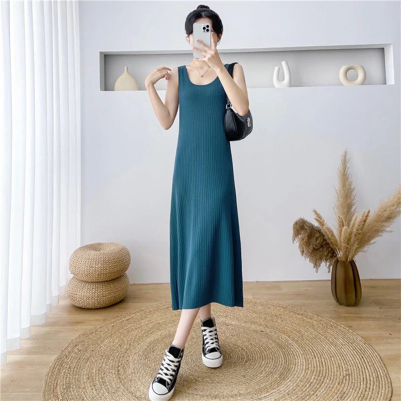 

New Women Thin Knitted Vest Dress Fashion O-Neck Sleeveless Easy Matching Slim Long Dress Simplicity Casual Elastic Tank Dress