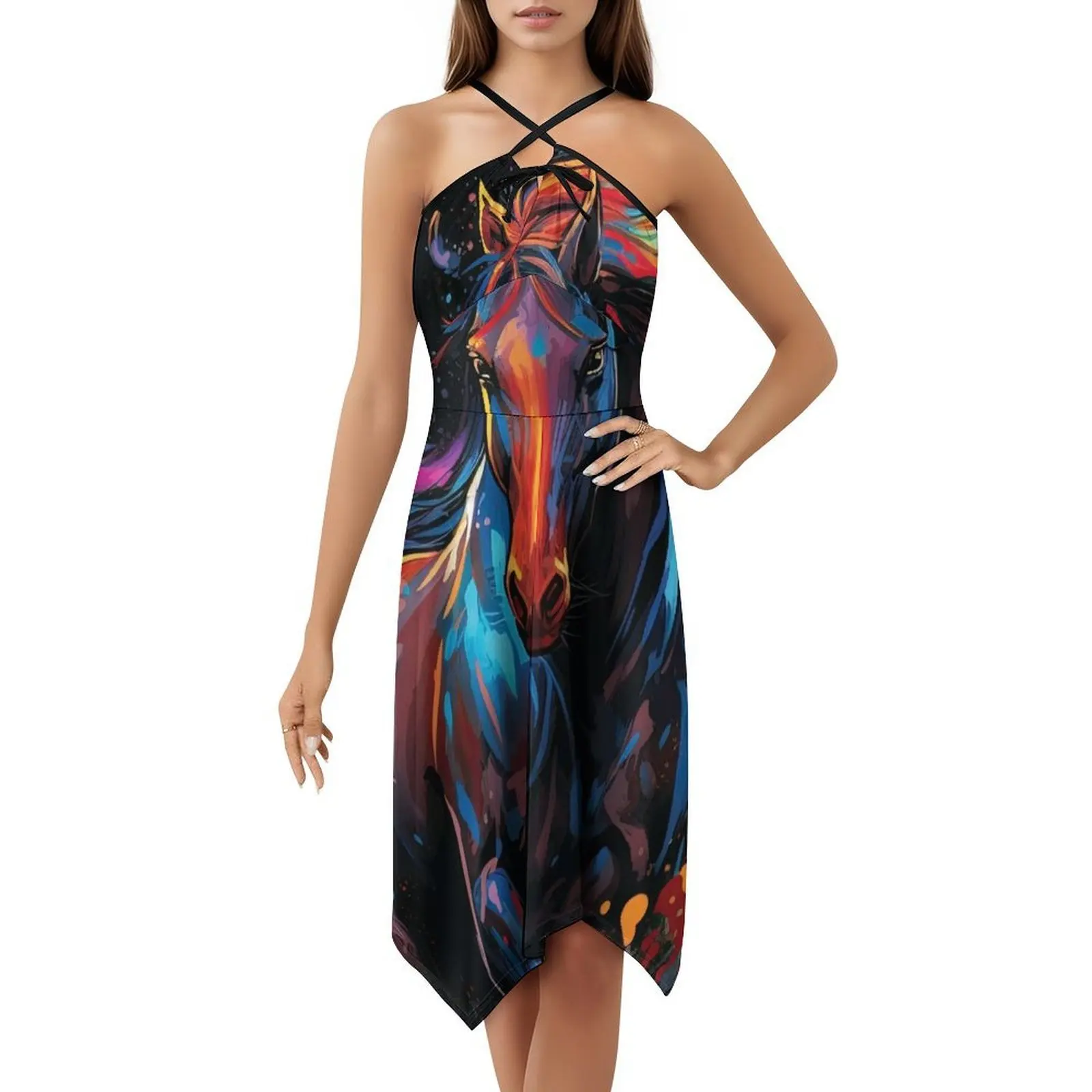 فستان بوهيمي جميل بدون أكمام، متعدد الطباعات، فستان حفلات عطلة الشاطئ، ألوان جميلة، خيول ملونة، سهرة