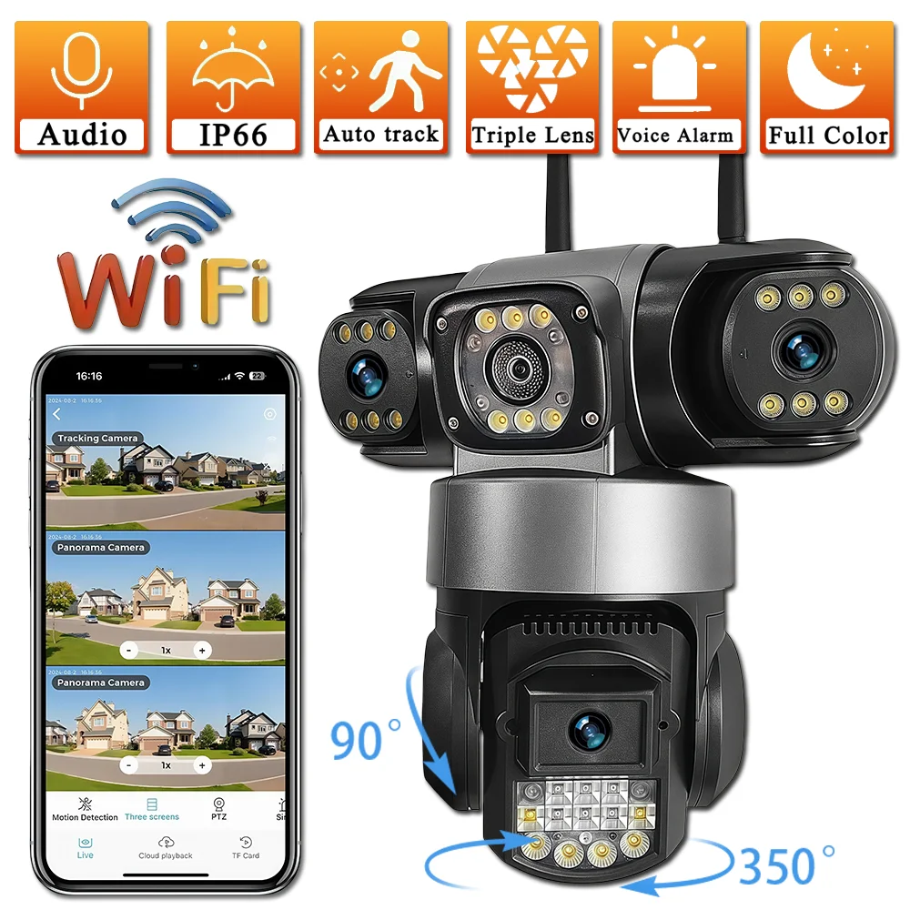 

WIFI-камера Беспроводная IP-камера для улицы с тройным объективом 360° ° Монитор 12MP HD ночного видения Защита безопасности Видеонаблюдение Камера V380