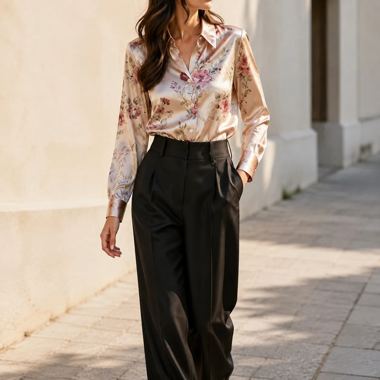 Long Sleeve Loose Fit Shirt with Shirt Cuff Printed Pattern Wrinkle Finish Midi Length Elegant Commuter Style Women Blouse