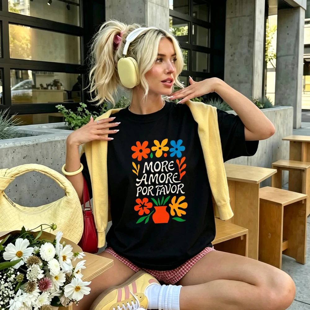 Women More Amore Por Favor Colorful Retro Floral Graphic T Shirt Spanish Love Quote Flower Print Boho Loose Casual Summer Tees