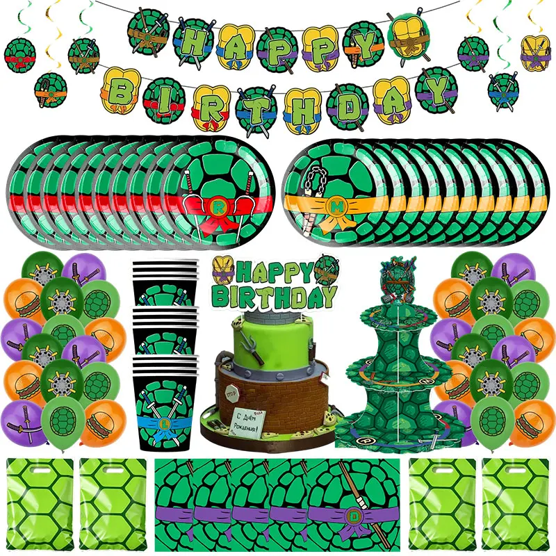 Cartoon Grüne Schildkröte Geburtstags-Dekorations-Set Tischgeschirr Tasse Teller Ballons Banner Hintergrund Hängende Kuchenständer Jungen Party-Zubehör