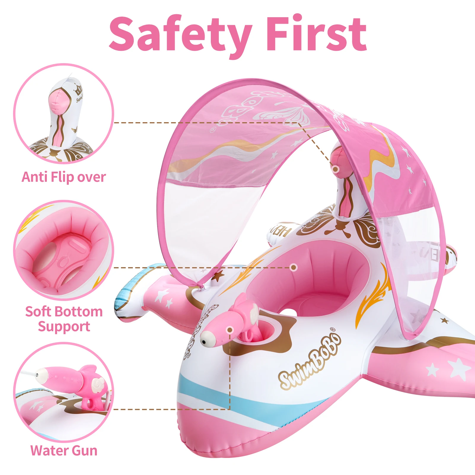 Swimbobo-flotador de asiento inflable para niños, flotador rosa para exteriores, pistola de agua, Avión de juego, anillo de natación para bebés, con