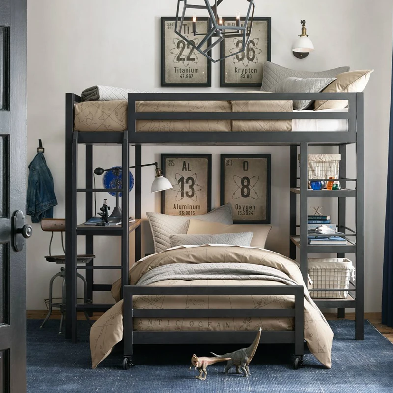 

Modern simple wrought iron bed upper and lower double-layer multi-function with desk elevated bed student children mother bed hi