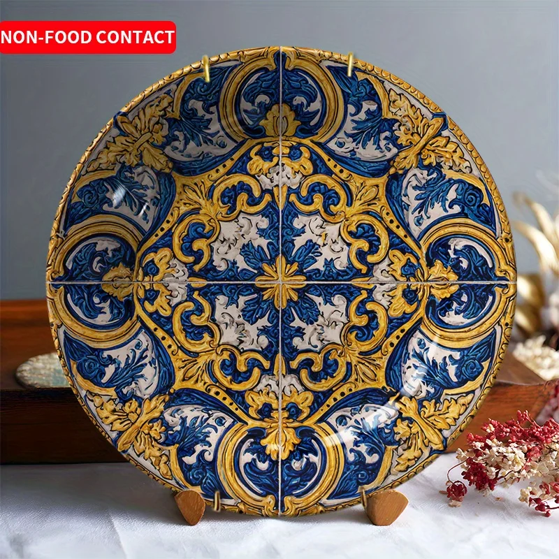 1pc Elegant Blue and Golden Floral Ceramic Decorative Plate - Non-Food Contact Wall Hanging or Tabletop Decor, for Living Room,