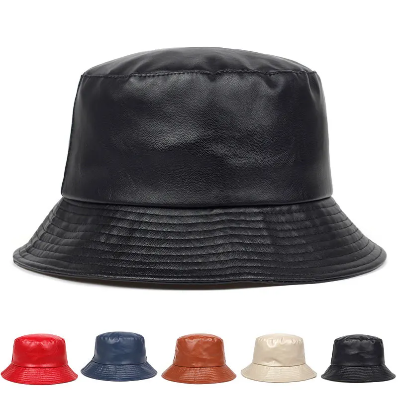 

Kids European American Popular PU Leather Bucket Hat Men Women Spring Summer Leisure Basin Hat Solid Color Hip Hop Outdoor Hat