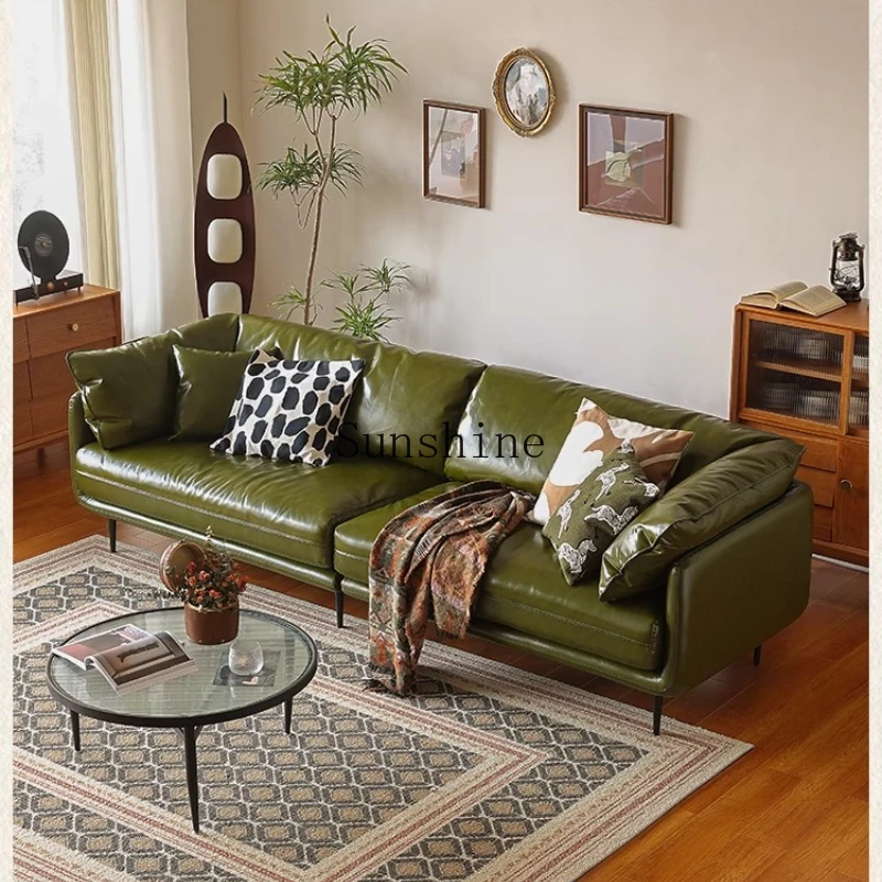 

Nordic oil wax leather sofa living room small apartment simple modern retro green double sofa