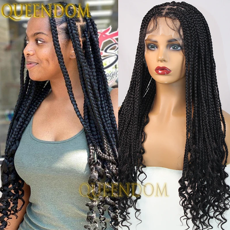 Full Lace Synthetic Box Braids Wig 24 Inch Crochet French Curl Braid Wig with Curly Ends Knotless Cornrow Braided Wig for Women