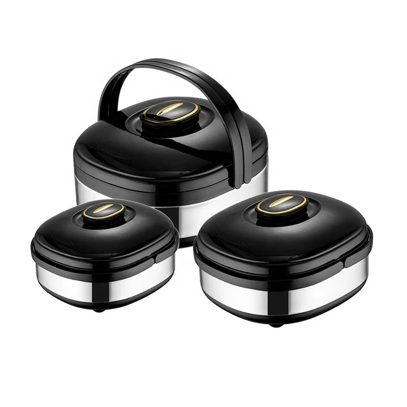 New Trend Luxury Black 3-Pcs Stainless Steel Insulated Casserole Pot Set Modern Design Food Warmer with Lid