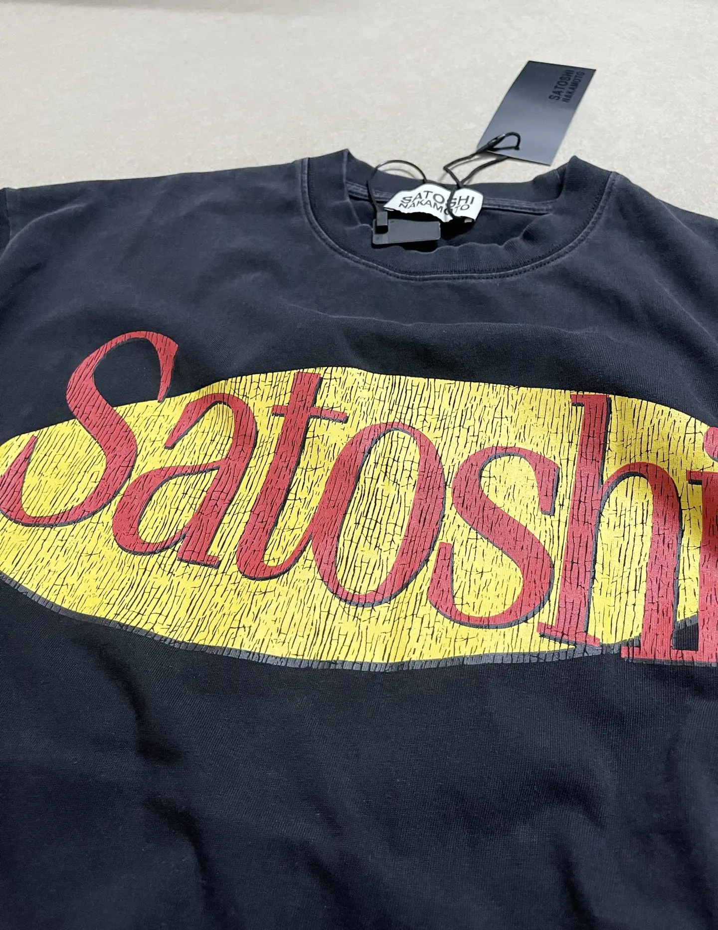 Washed Satoshi Nakamoto Yellow tear print Hole T Shirt Men Women Tee Tops T-Shirt