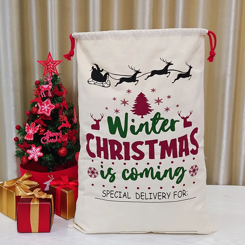 Colorful Gift Bag 50*70cm Cotton Canvas Merry Christmas Stocking Santa DIY Drawstring Socks For Kids Big Size Holder New Year