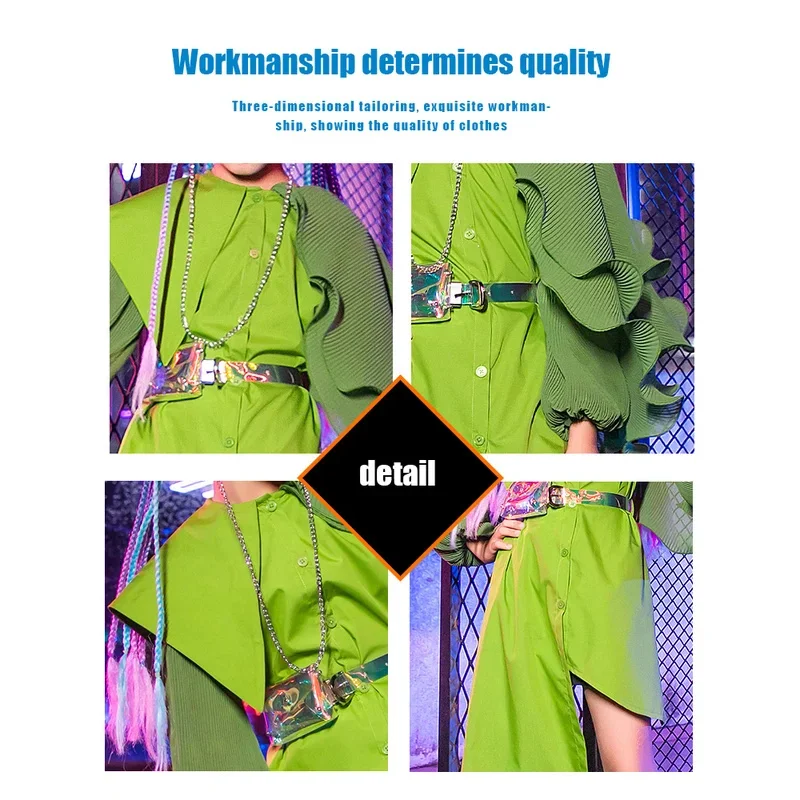 ZZL Modelli per bambini Mostra abiti K-pop Stage Outfit Abito verde Manica a farfalla Autunno Inverno Jazz Hip-hop Performance Wear