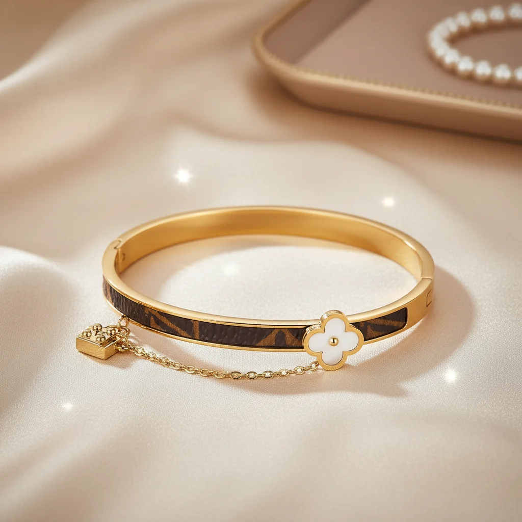 

Luxury Fashion 316L Stainless Steel White Shell Clover Lock Charm Leather Bangles Designer PU Bracelet Non-fading Women Jewelry