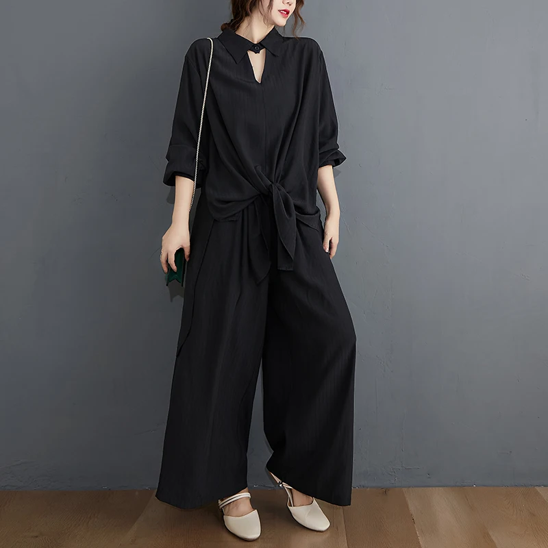 

SuperAen 2024 Autumn New Arrival Oversize Long Sleeve Shirt Wide Leg Pants Two Piece Set for Women