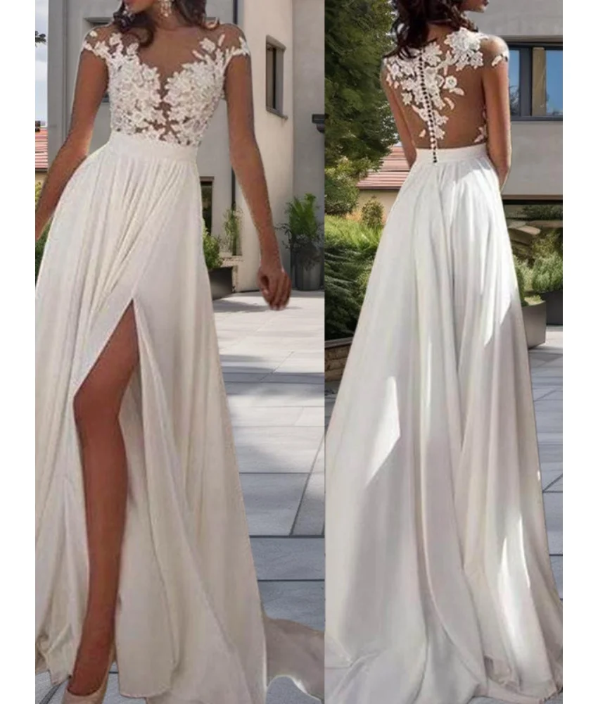 Gaun Pesta Malam Model A-Line Berkualitas Tinggi dengan Aplikasi Kancing, Lengan Pendek Seksi, Kerah O-neck, Panjang Menyentuh Lantai