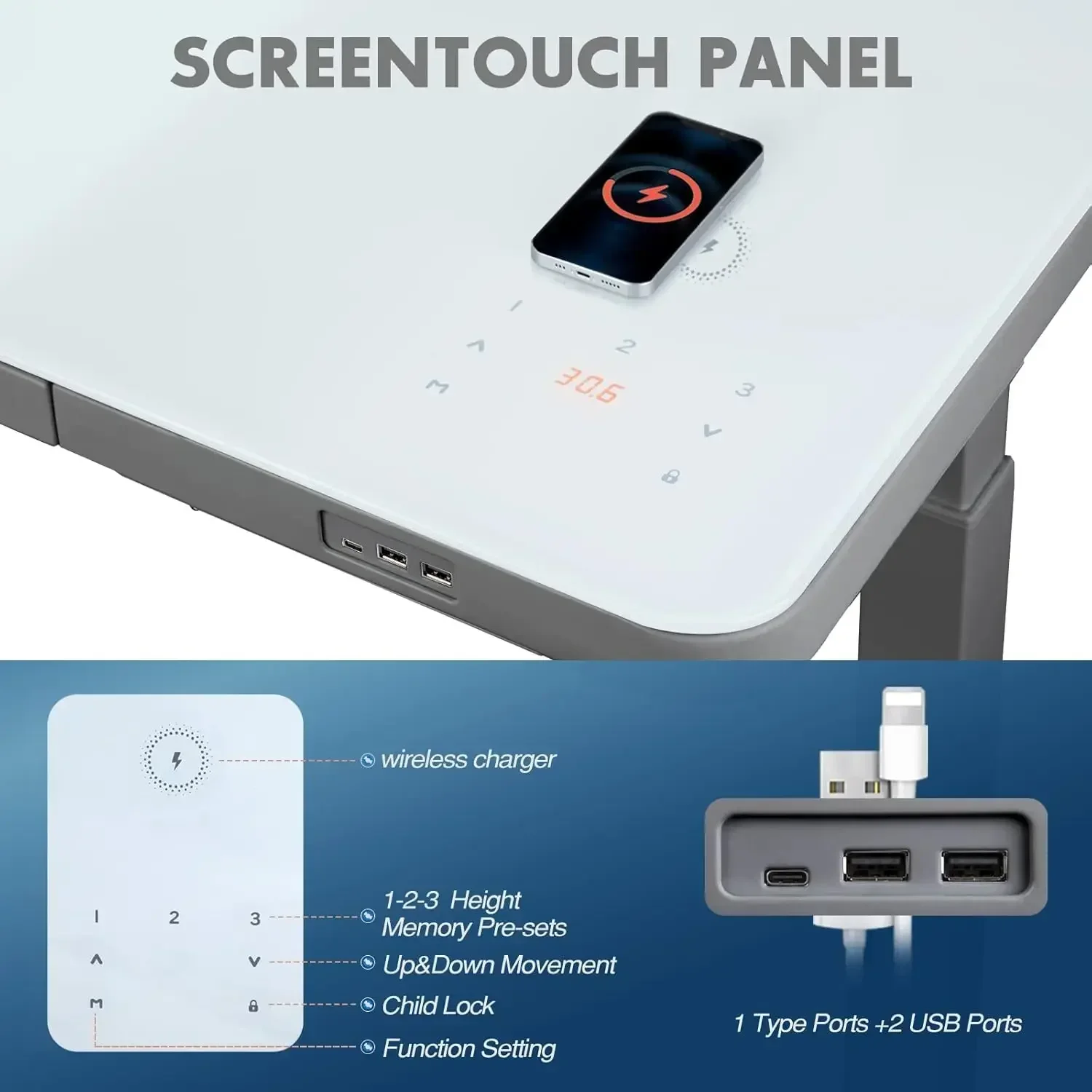 [بيع ساخن، مخزون محدود! ]مكتب قائم كهربائي من الزجاج مع أدراج، مكتب قابل للتعديل بارتفاع كهربائي بمحرك مزدوج 45 بوصة، يعمل باللمس C