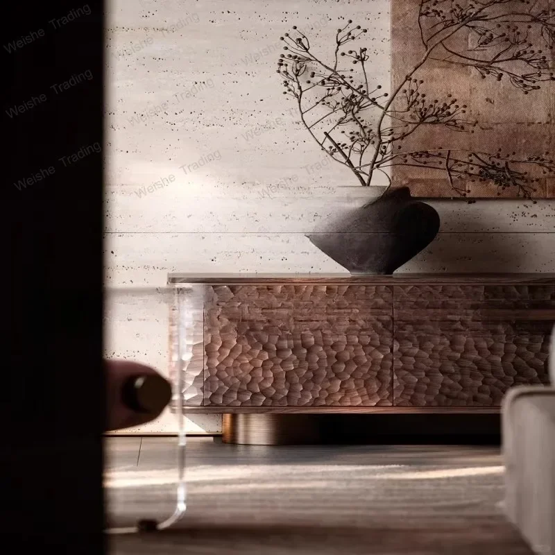 Medieval style modern simple light luxury wooden TV cabinet locker high-end designer hammer pattern floor cabinet