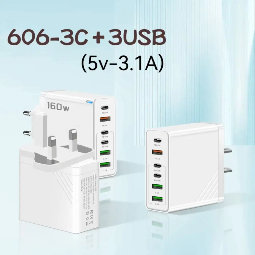 

6 Ports 160W Charger Plug with LED USB A+C Phone Charger Adapter EU/US/UK Fast Charging for iPhone/Xiaomi/Samsung