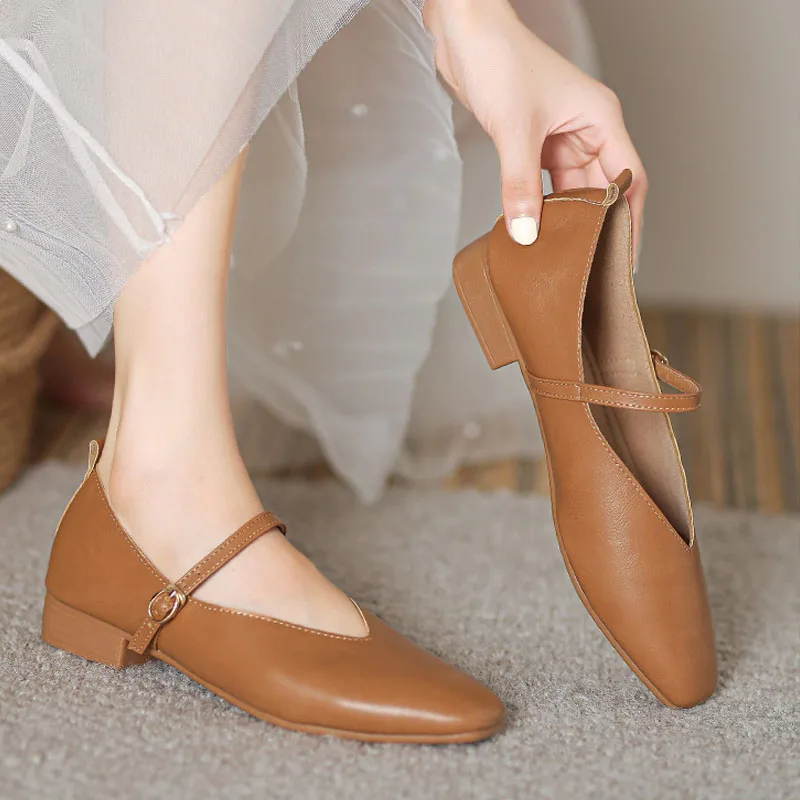 2023 Retro Women\'s Pumps Soft Microfiber Leather Single Shoes Fashion Shallow Buckle Mary Jane Heels Low Square Heel Daily Pumps