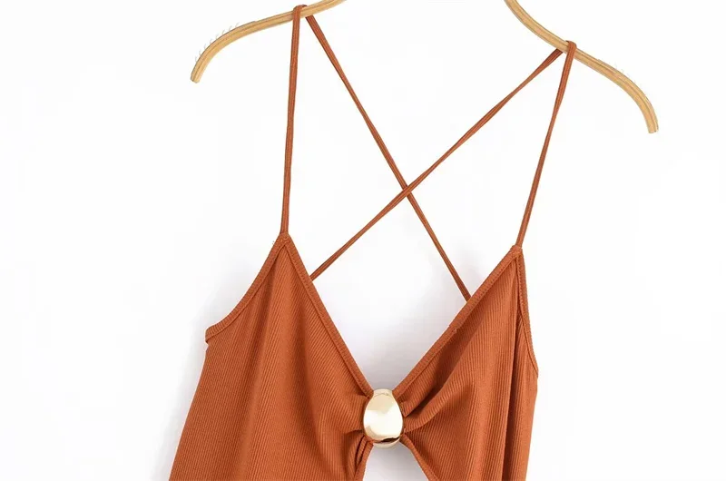 Damenkleider, neuer Sommer, kastanienbraune Hosenträger, Ausschnittkleid, Goldbesatz, sexy, offener Rücken, stilvolle Persönlichkeit