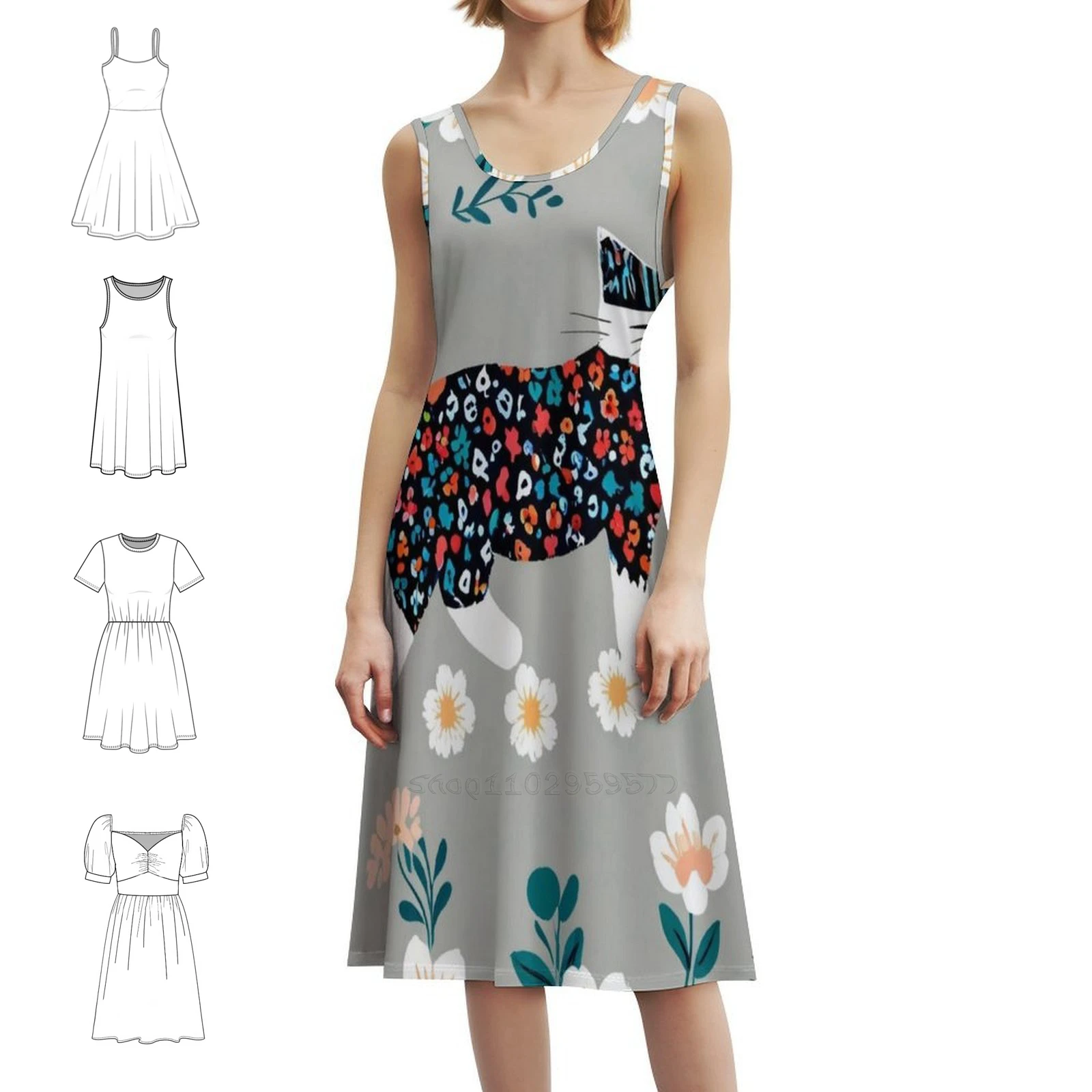 

Винтажное богемное платье с котом и цветами, варианты пышных рукавов или без рукавов для женщин, платье с цветочным узором кота, милые кошки, цветы