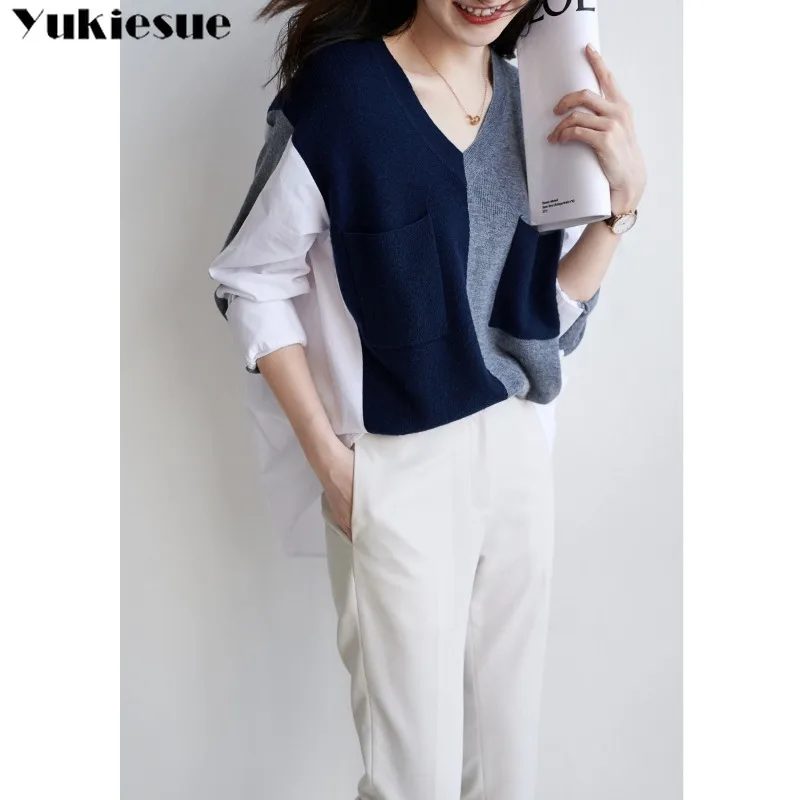 Women Korean Spring Autumn 2023 Fashion Contrast Stitching Knitted V-neck Pullover Shirt Blouse New Irregular  Loose Fashion