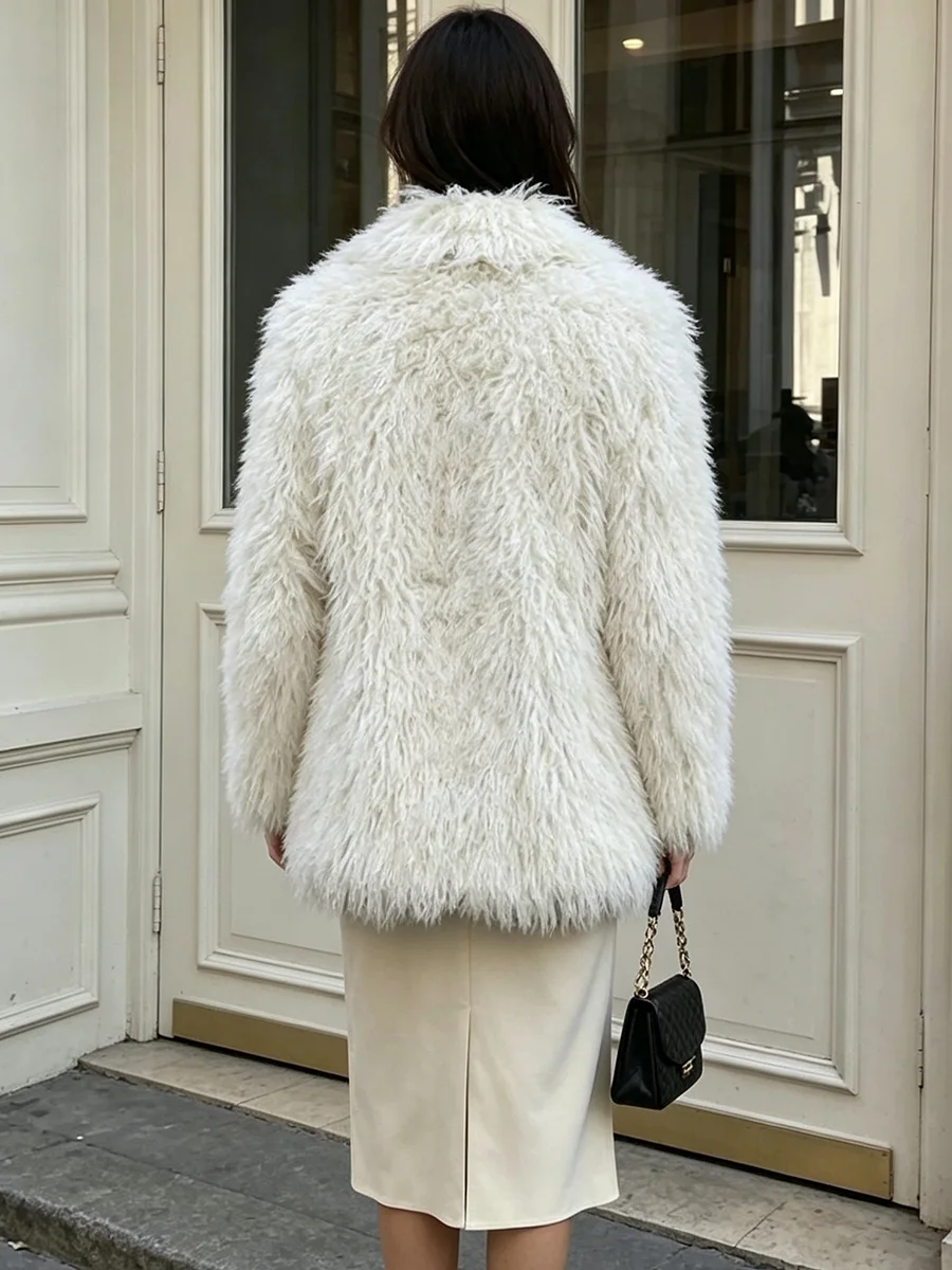 PUAL Women Shaggy Faux Fur Coat Open Front Collarless Long Sleeve Curly Fluffy Plush  Jacket Warm Winter Ladies Outerwear
