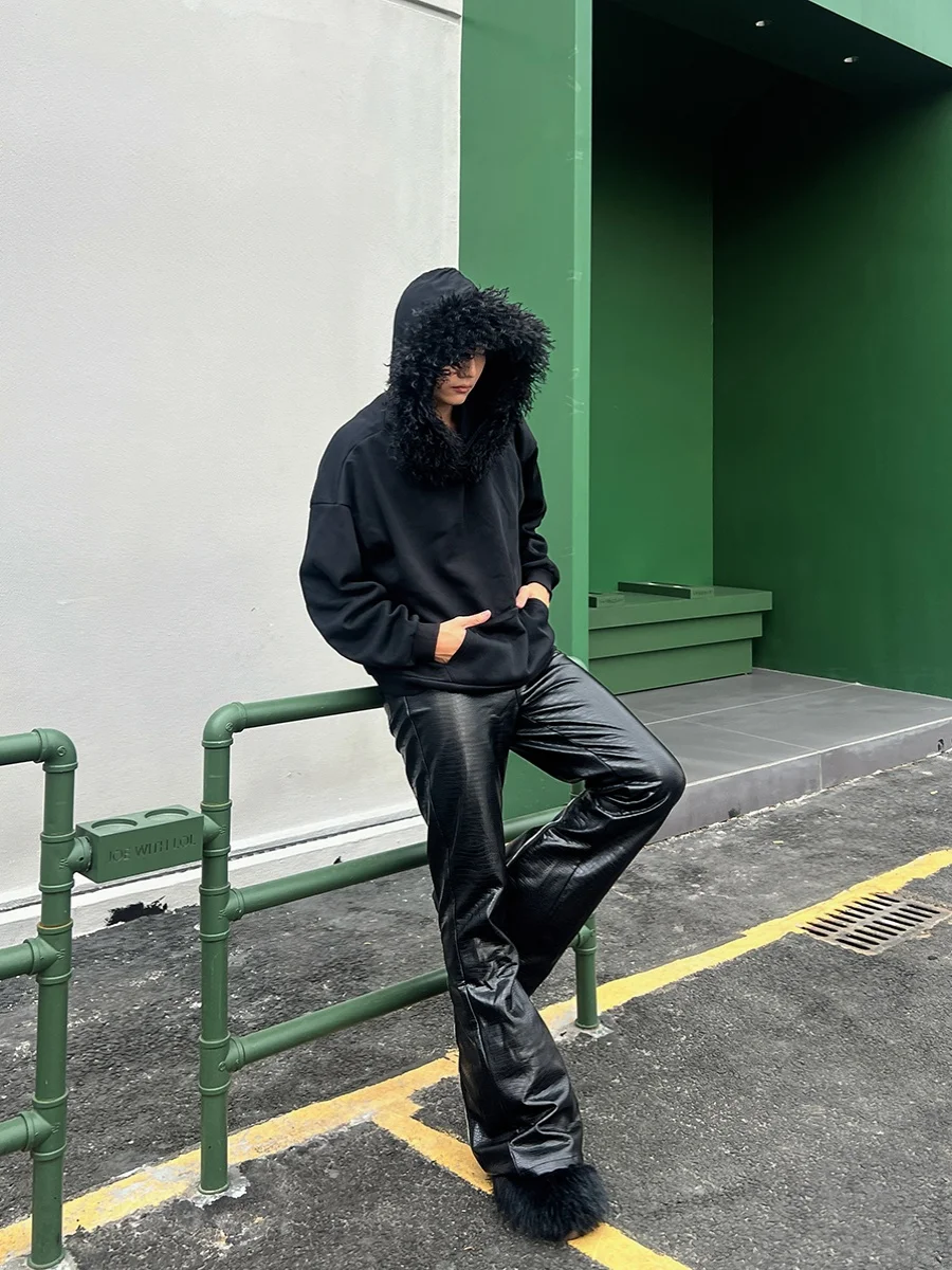 Niche Designer Style Rits Lage Taille Lange Pijpen Dweilen Donkere Leren Broek