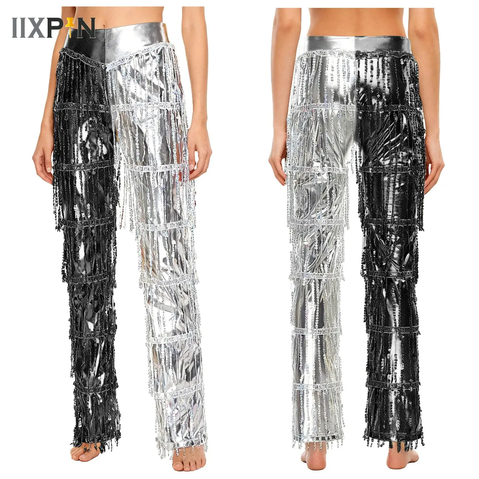 

Women Metallic Tango Salsa 70s Disco Dance Trousers Tiered Sequin Tassel Wide Leg Pants Retro Carnival Stage Prom Club Costume