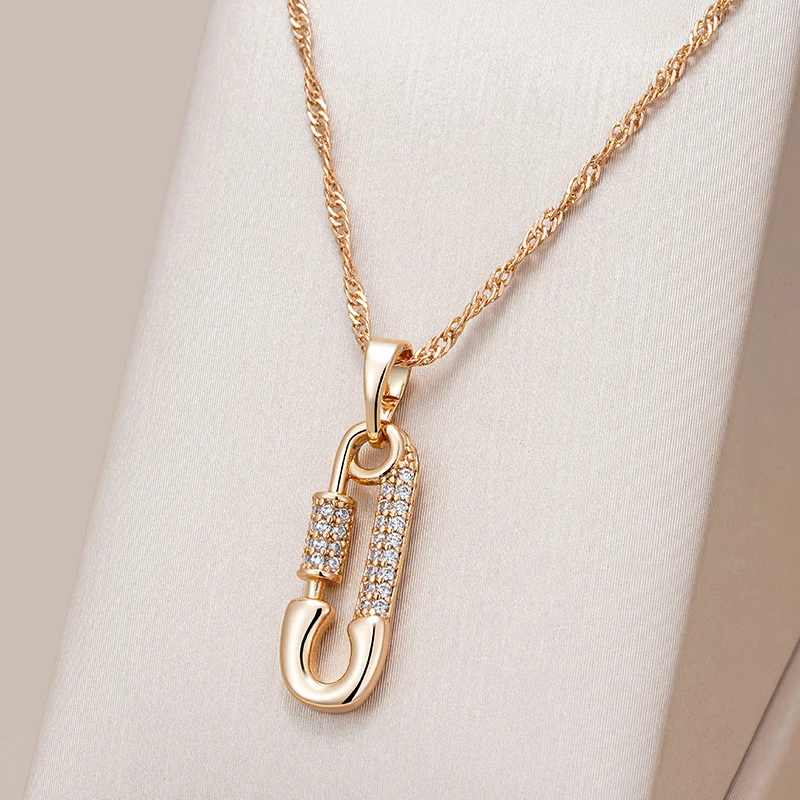 Kienl Trendy 585 Rose Gold Color Personality Pin Shape Pendant Necklace for Women Natural Zircon Pendant Fine Daily Jewelry