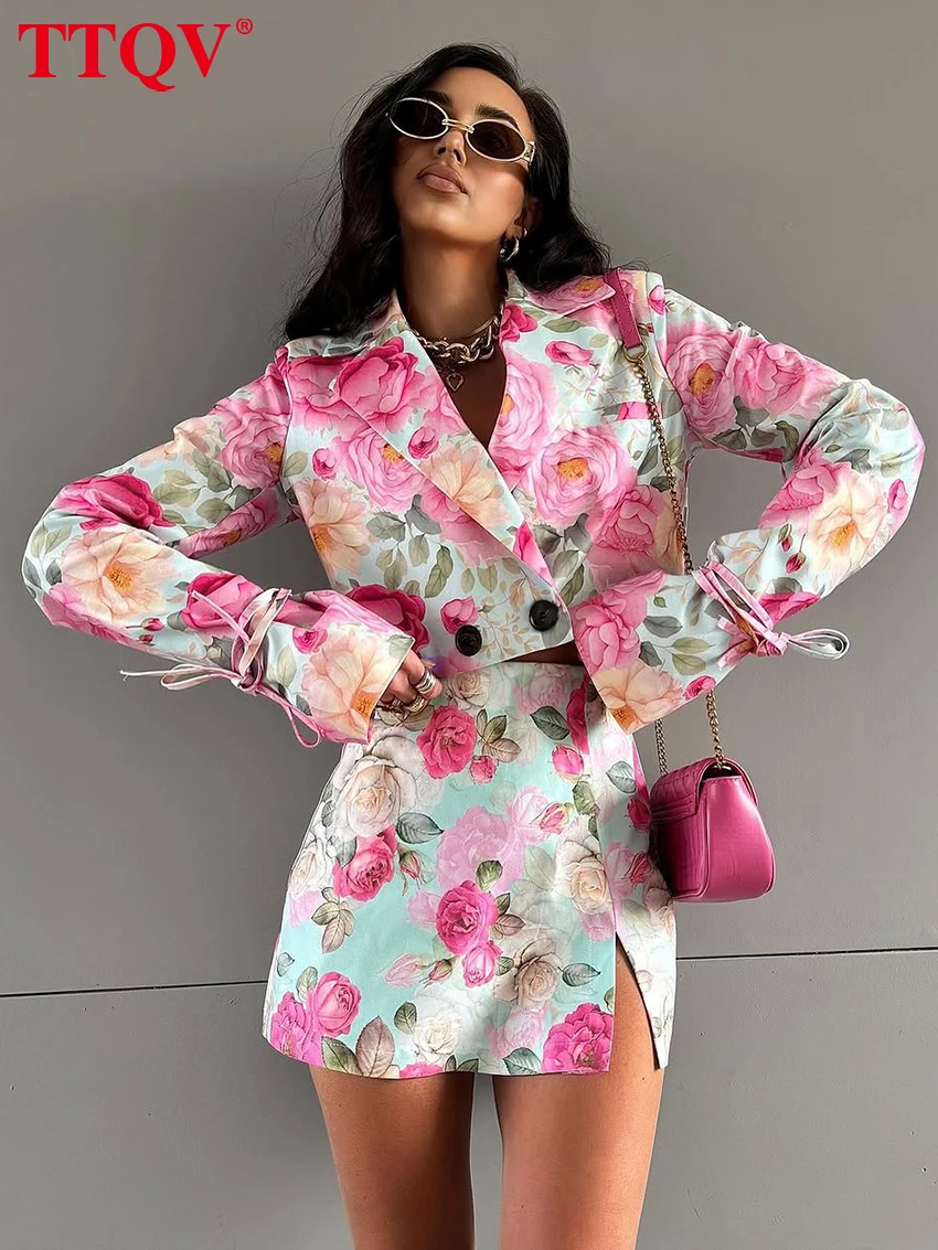 TTQV Fashion Pink Print 2 Pieces Set For Woman Elegant Long Sleeve Button Crop Shirts And High Waist Side Slit Mini Skirts Set