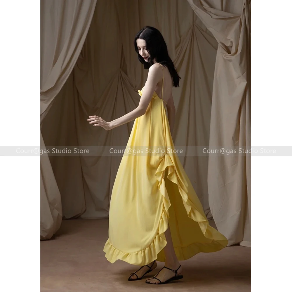 

Yellow Sexy Backless Long Dress Women 2024 Summer New Niche Wooden Ear Hem Sexy Sling Seaside Vacation Dresses