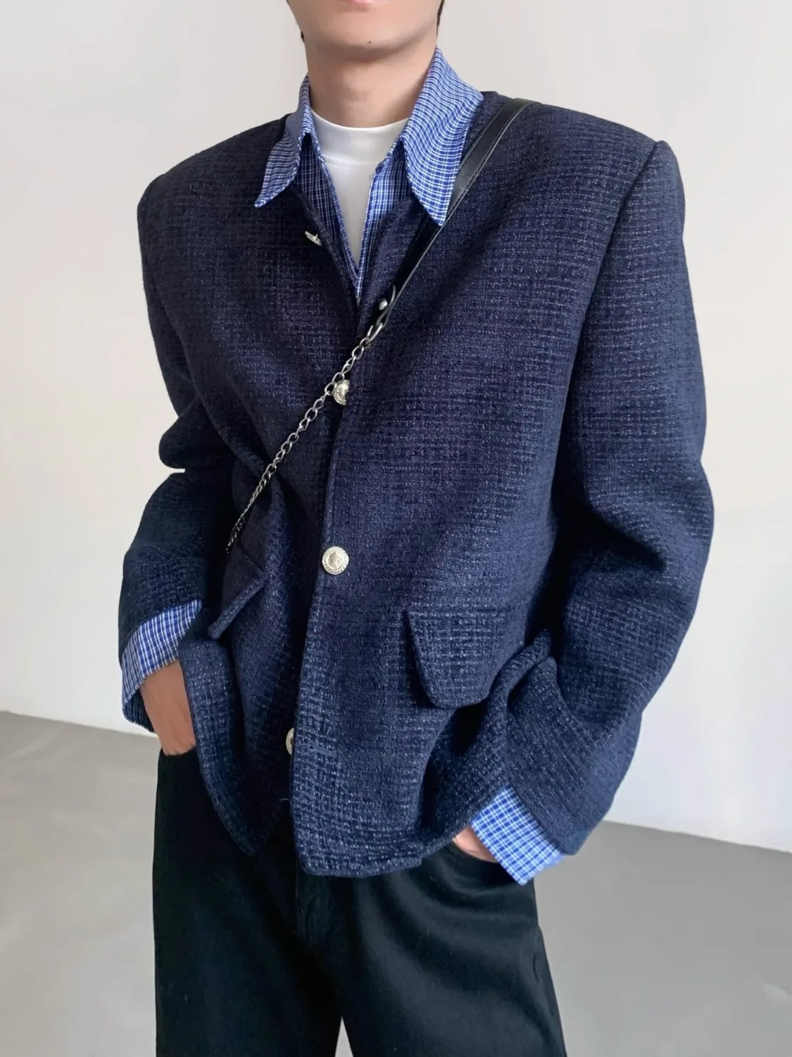 

Мужская твидовая куртка в клетку, свободная посадка, весна-осень 2023, новинка 2024, повседневная одежда для ленивых, подставка из полиэфирного волокна