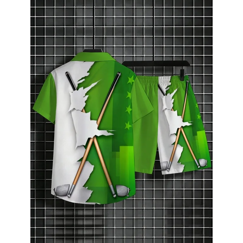 Men's Lightweight Casual Green White Polyester Shirt & Pants Set Star & Golf Club Printed Multi-occasion Wear view 4